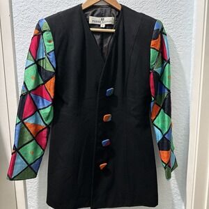 Pierre Balmain‎ Paris Vintage Black Multicolor Jacket Lightweight S6 Made in USA